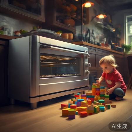 “低噪音油烟机，宝宝安静玩积木